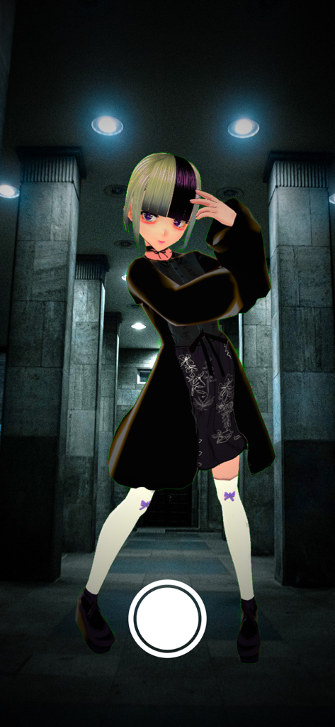 Pose Mixer AR - Un avatar anime 3D con un atuendo elegante posando en un entorno interior usando realidad aumentada