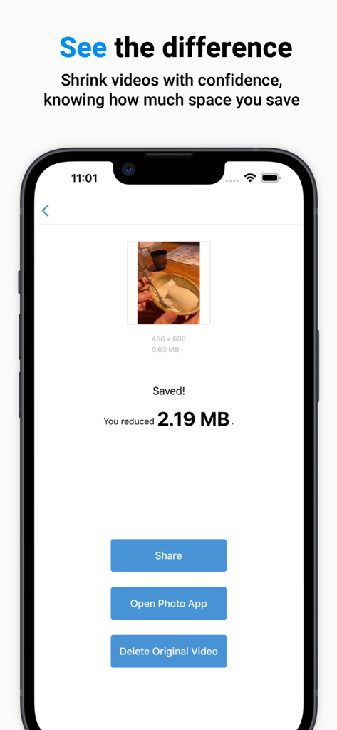 Resize Video Compressor App - App interface displaying video compression results with a storage savings indicator and buttons to share or delete the original video