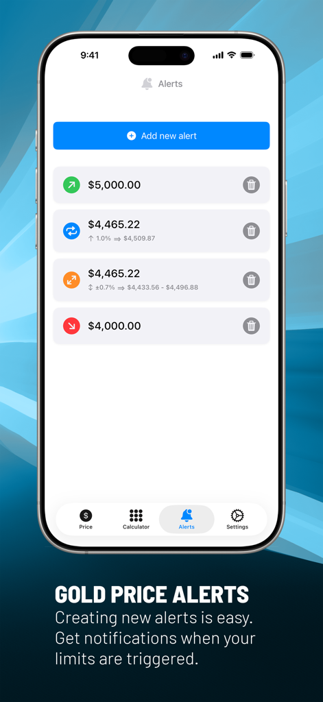 GoldPriceOneMobile - Una interfaz de aplicación móvil que muestra alertas de precios del oro y notificaciones para diferentes límites de precios.