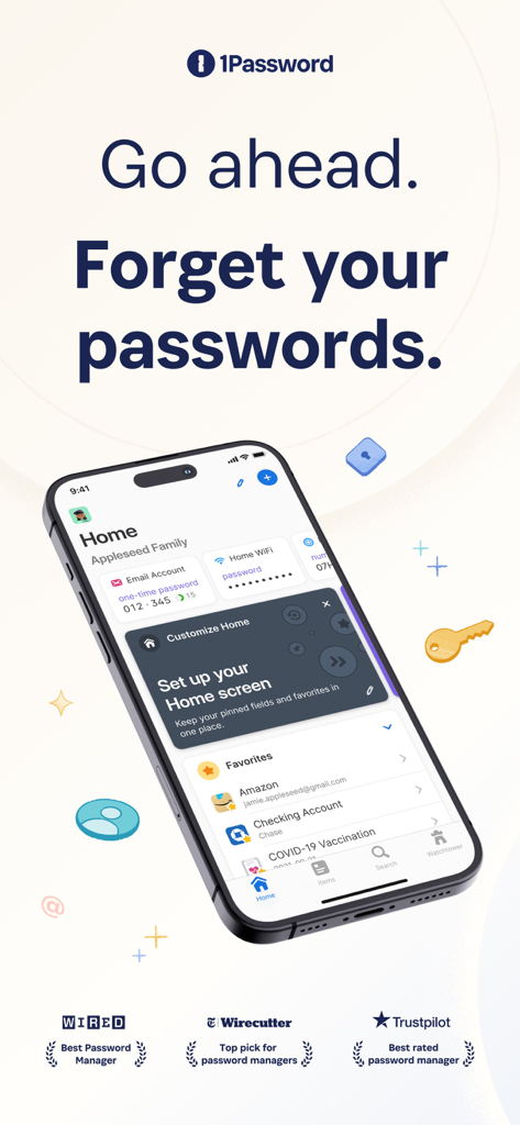 1Password app interface on an iPhone displaying a digital vault with saved passwords and security awards