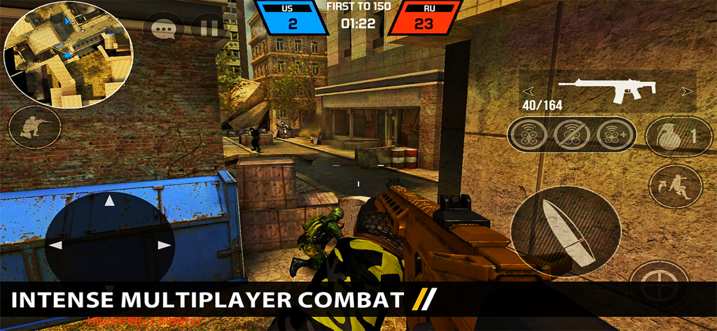 First person shooter gameplay from Bullet Force showing intense multiplayer combat in an urban map