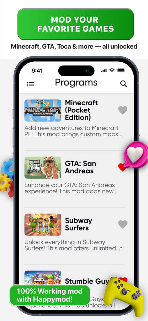 Happi Mod - Working Mods - Interfaz de la aplicación Happi Mod que muestra mods disponibles para Minecraft y GTA