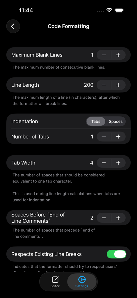 Swifty Compiler: Swift IDE - Swifty Compiler app interface displaying code formatting settings including indentation and line length configuration.