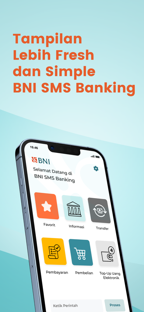 BNI SMS Banking app main menu showing options for transfers, bill payments, and top-ups on a smartphone.