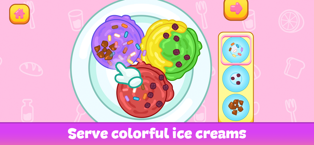 Kids Cooking Games: Yummy Food - Three colorful ice cream scoops with toppings on a plate in a kids cooking game
