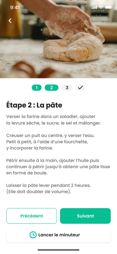 Instructions étape par étape pour la préparation de la pâte, avec minuteur intégré dans l'application 750 g