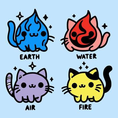 4 cats that represent the different elements, earth, water, air, and fire