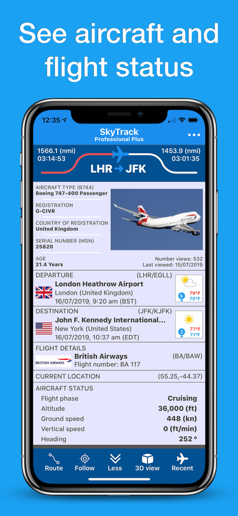 La aplicación móvil SkyTrack muestra el estado del vuelo en vivo y la información técnica de la aeronave