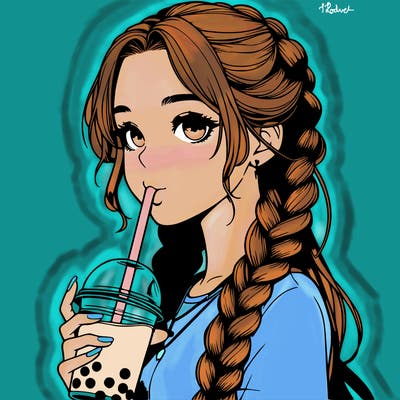 realistic girl with braided hair drinking boba