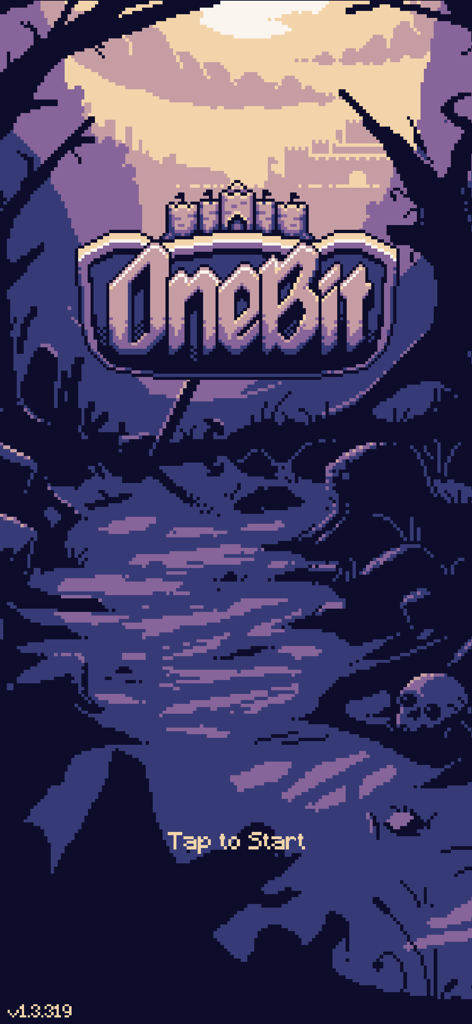OneBit Adventure - OneBit Adventureのタイトル画面。不気味な森と遠くの城のレトロピクセルアートが特徴。