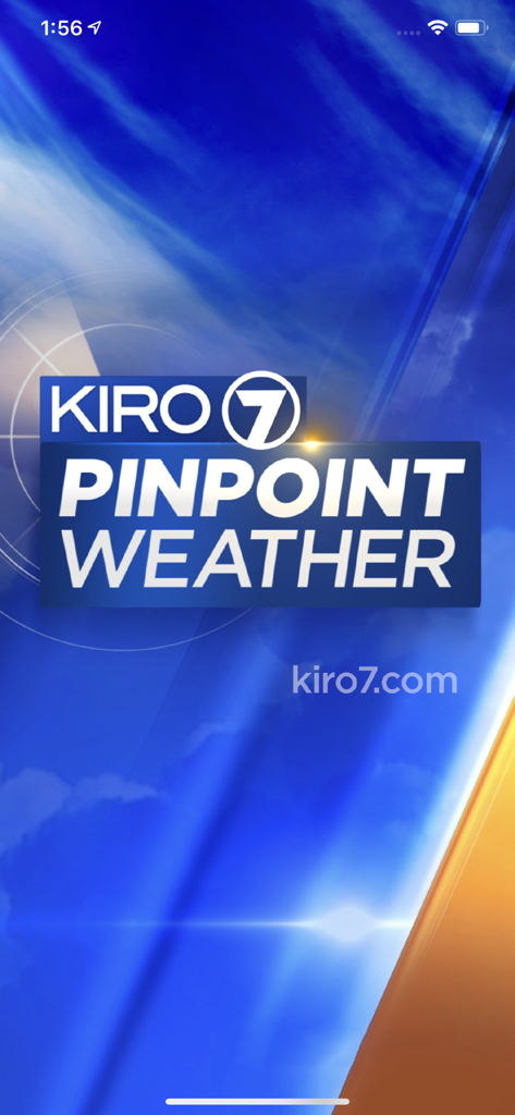 Splash screen for the KIRO 7 PinPoint Weather mobile app featuring the logo over a blue sky background