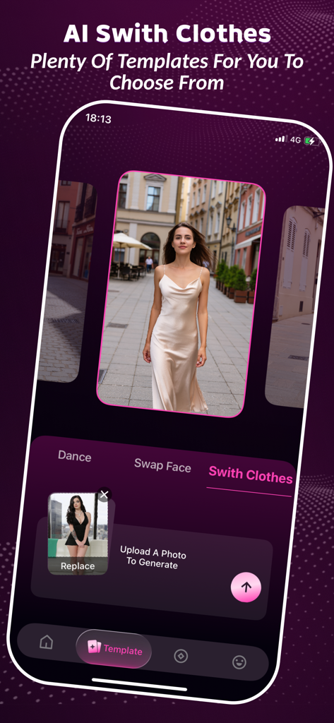 Vexoai mobile app interface showcasing the AI Switch Clothes feature with a woman modeling a silk dress and an option to upload photos for virtual outfit try-ons.