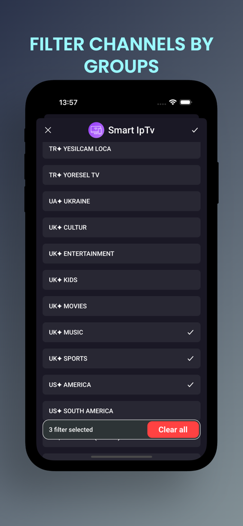 Smart IPTV app screen showing a list of channel groups with filters selected for music, sports, and America.
