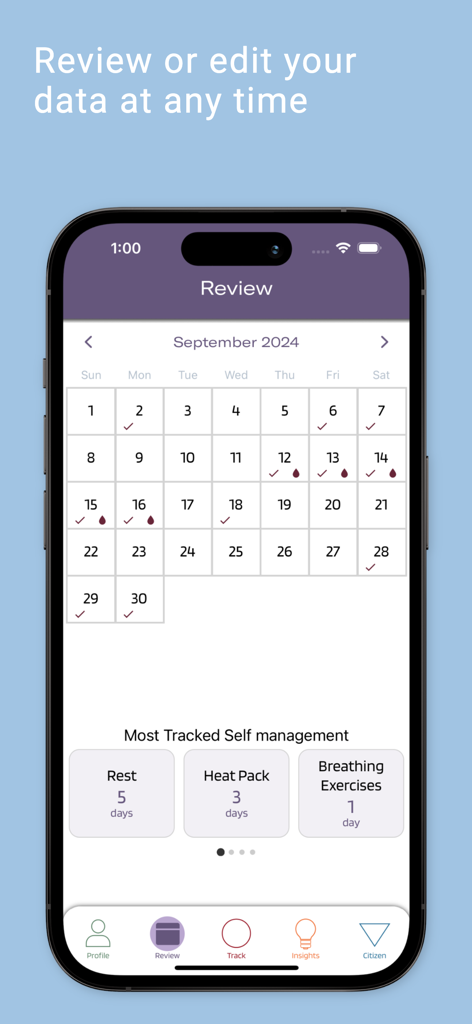 Phendo - Phendo app screen showing a monthly calendar for tracking endometriosis symptoms and self management data