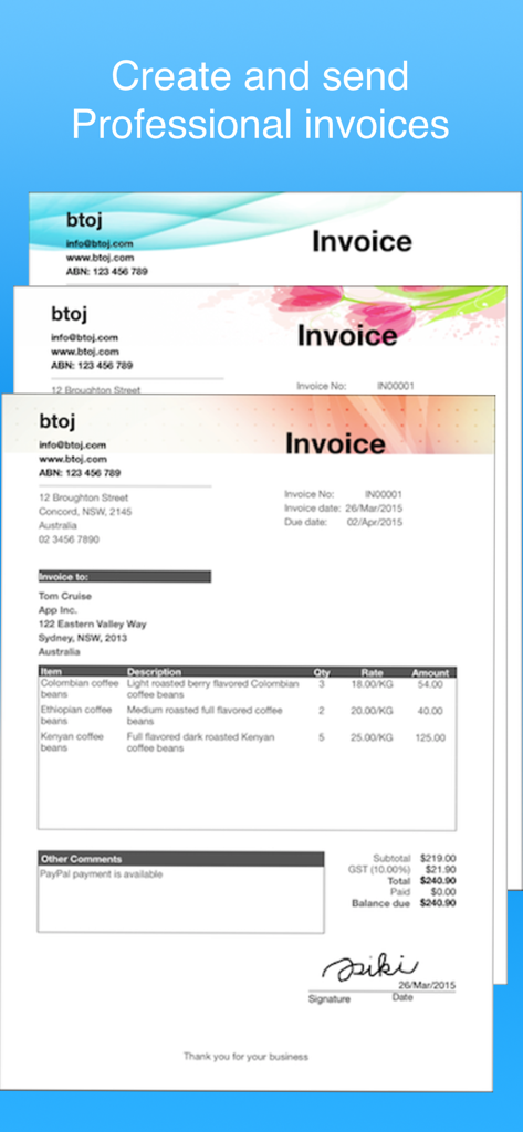 A display of professional invoice templates available in the Invoice Maker Simple app.