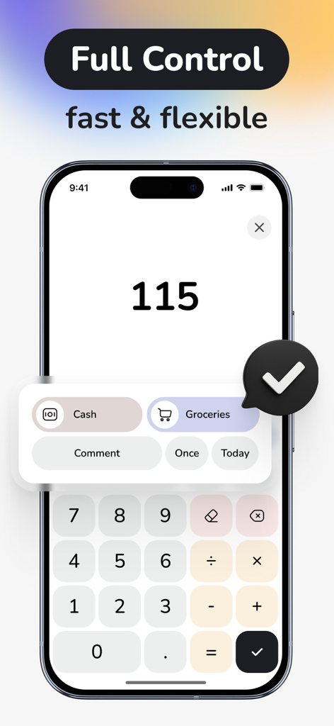 Mobile interface of Quanta AI budget planner showing an expense entry screen with a numeric keypad and category selection for groceries