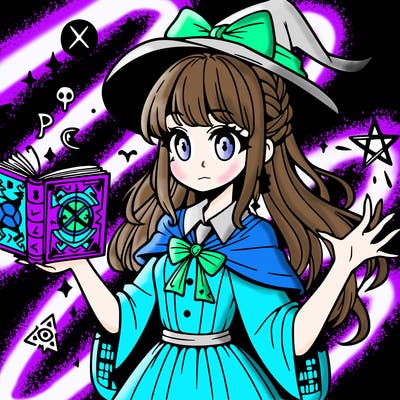 pretty manga witch with a spell book with runes floating around her and strange symbols on the book
