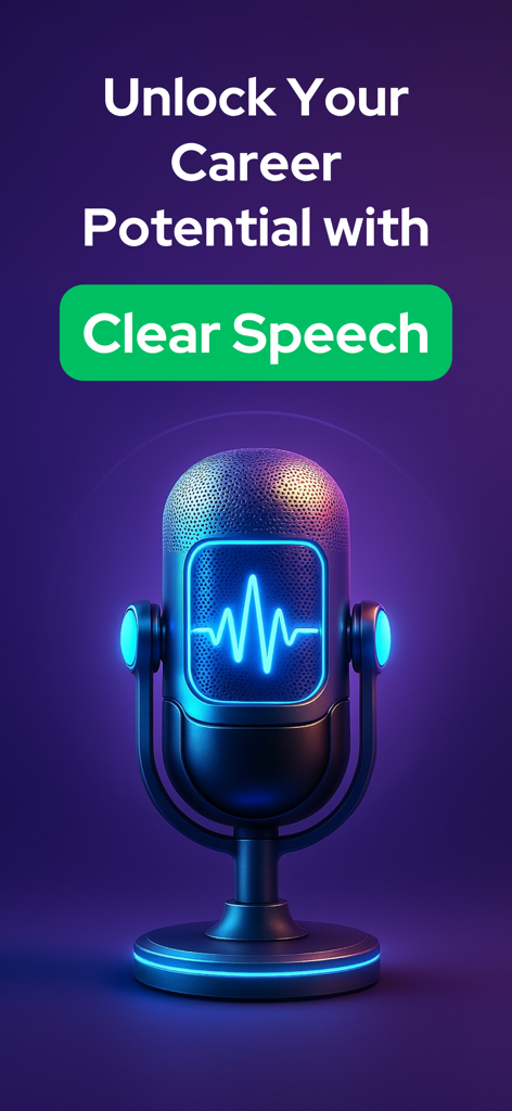 Accent AI: Pronunciation Coach - Microfone profissional com uma onda sonora brilhante e texto de coaching de carreira.