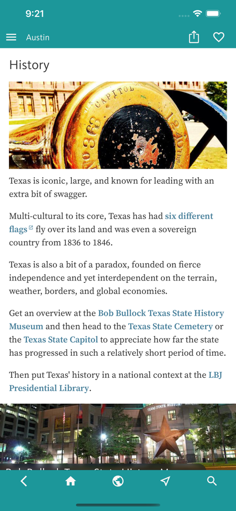 オースティン・ベスト旅行ガイドアプリの歴史セクション。テキサスの歴史的建造物や博物館に関する情報が表示されている。