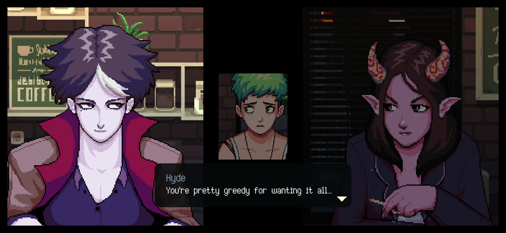 A pixel art dialogue scene from Coffee Talk Episode 1 showing characters Hyde and a succubus conversing in a coffee shop.