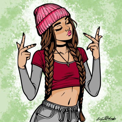 realistic teenage girl with braids and a beanie and crop top doing 🫶🏼