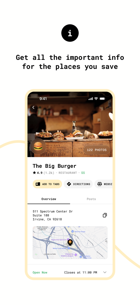 Vista detallada de la información del lugar en la aplicación Tabi que muestra el mapa de la dirección del restaurante y las calificaciones
