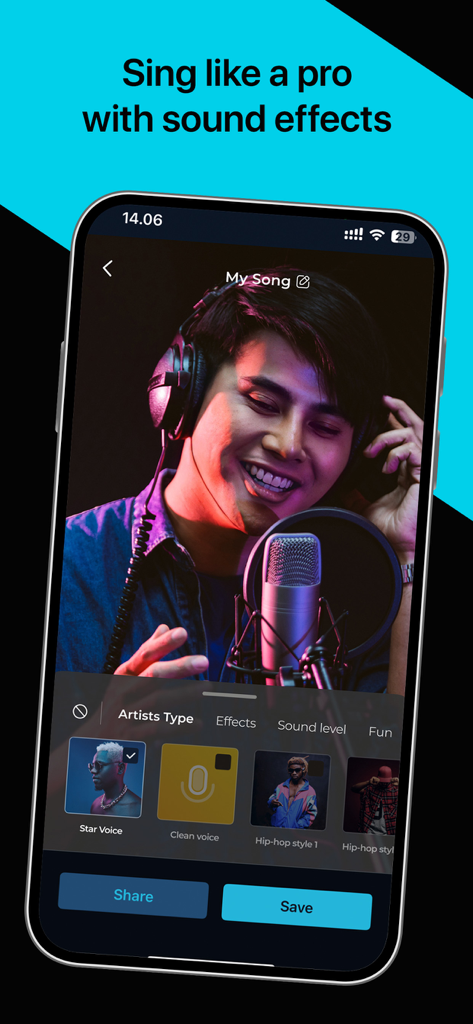 A user recording songs with professional vocal effects and artist filters in the Volmix app