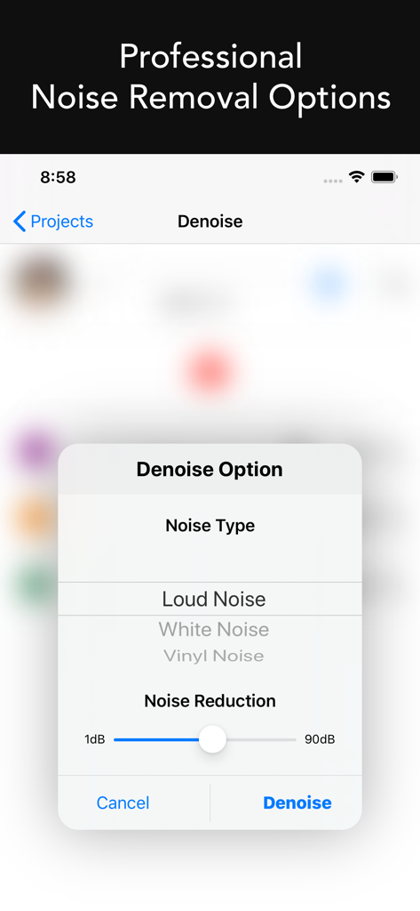 Denoise Audio - Remove Noise - Opciones profesionales de eliminación de ruido, incluida la selección del tipo de ruido y un control deslizante del nivel de reducción.