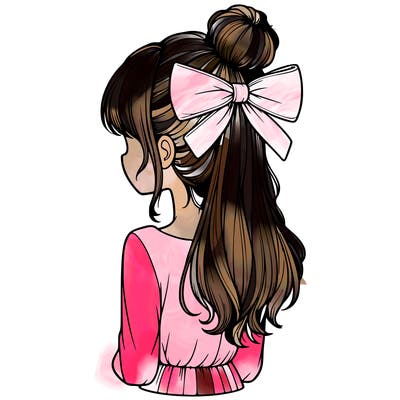 realistic girl  with hip length hair a bun and a big bow on the back of head