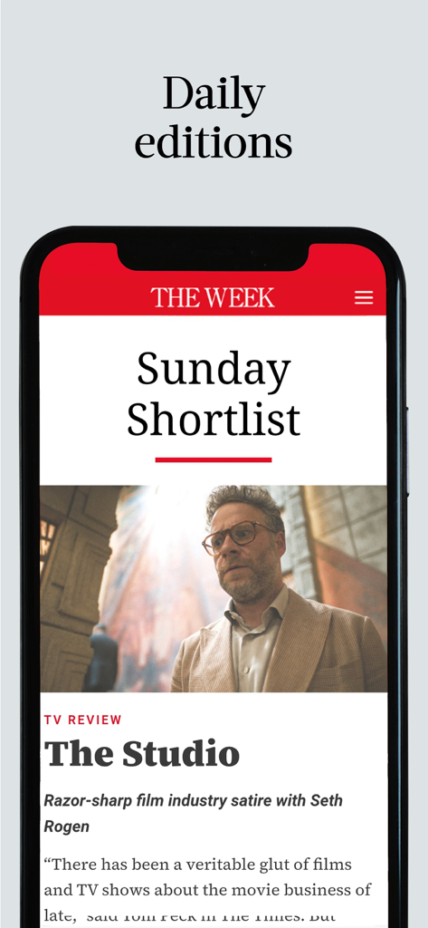 The Week - UK Edition - A smartphone screen displaying the Daily Editions feature of The Week UK Edition app with a Sunday Shortlist and TV review.