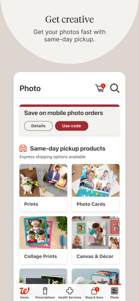 Walgreens app photo screen showing same day pickup options for prints and cards