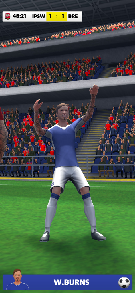 A 3D match highlight in Soccer Club Management 2025 showing a player celebration on the pitch in a crowded stadium