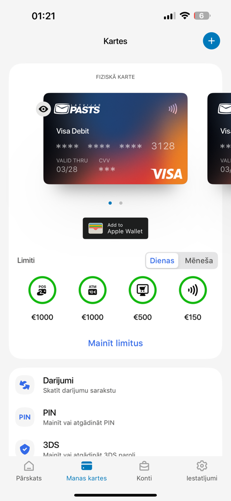 Pasts Pay - Pasts Pay mobile app interface showing a Visa Debit card and daily transaction limit settings
