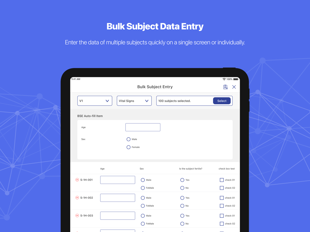 Bulk subject data entry screen of the cubeDDC clinical trial application on an iPad
