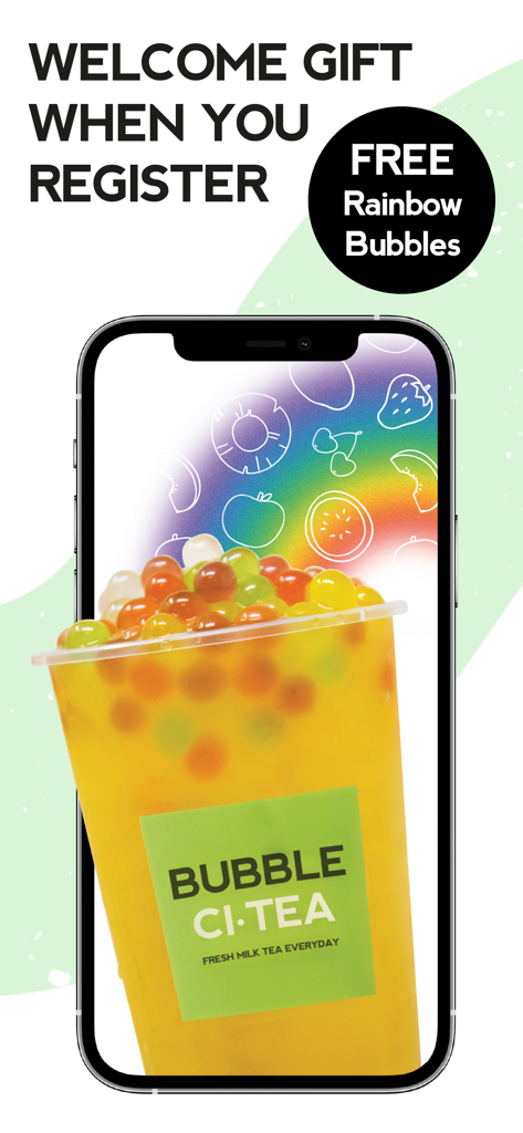 Bubble CiTea - Écran promotionnel de l'application Bubble CiTea offrant des bulles arc-en-ciel gratuites comme cadeau de bienvenue