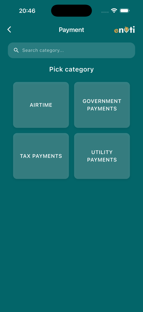 Enoti app payment screen showing categories for airtime, government, tax, and utility payments.