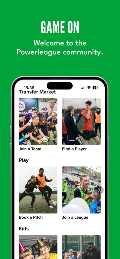 Powerleague - Home of 5-a-side - Powerleague app home screen with options to join a team book a pitch and join a soccer league