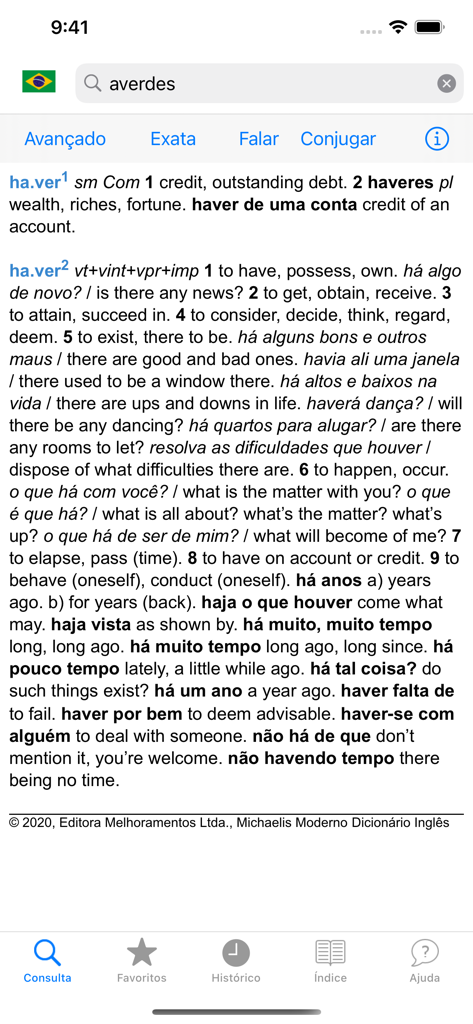 Dicionário Michaelis Inglês - Screenshot of Michaelis English Portuguese dictionary app showing the definition and usage examples for the verb haver.