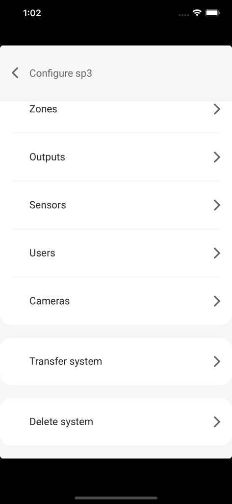 Protegus 2 - Tela de configuração do aplicativo Protegus 2 com opções para zonas, saídas, sensores, usuários e câmeras