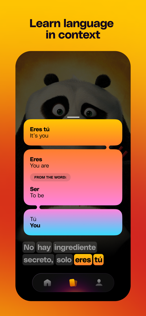Nonsense: Language Learning - Nonsense app interface showing Spanish grammar breakdown from a Kung Fu Panda movie quote.