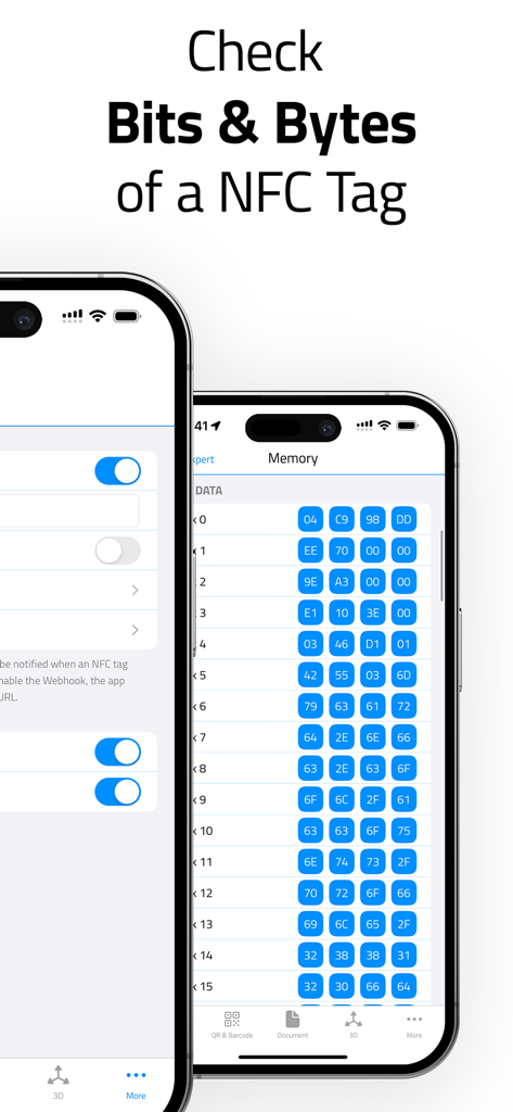 Schermata di un iPhone che mostra l'analisi della memoria in bit e byte di un tag NFC in formato esadecimale.