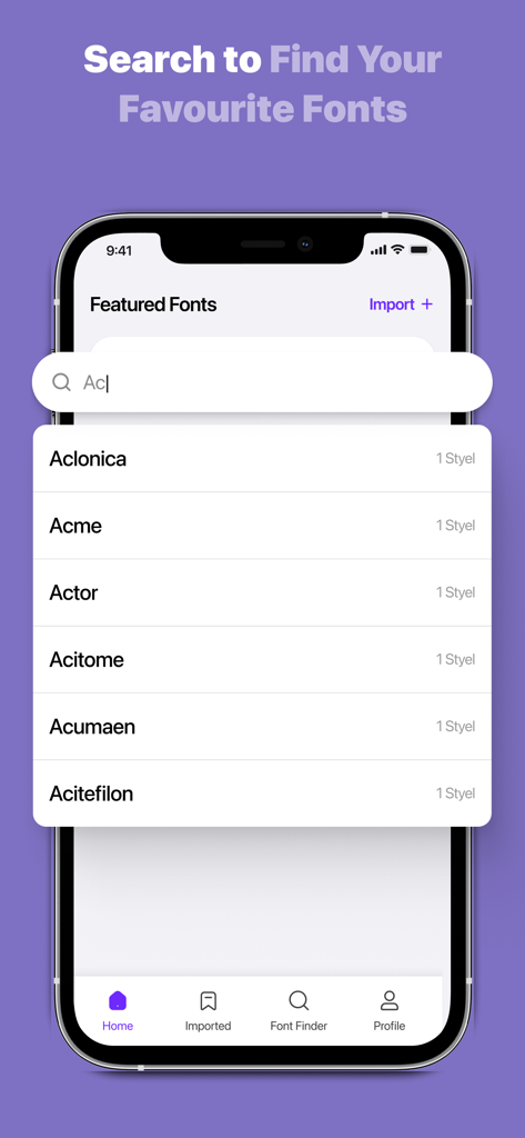 Fonts - Find, install any font - iPhone용 맞춤 글꼴의 검색 결과 목록을 보여주는 모바일 앱 화면