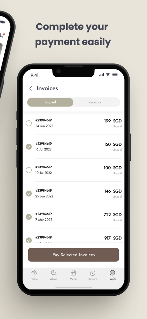 Lab Studios - Invoices screen on the Lab Studios app for managing and paying class invoices
