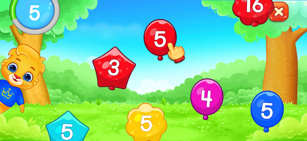 Preschool number matching game with colorful balloons and shapes in a forest setting