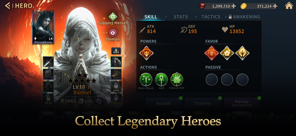 Gods Raid : Team Battle RPG - Character profile of hero Ramiel in Gods Raid showing stats and skills