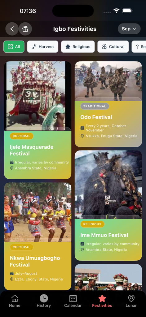 Onwá - Mobile app screen displaying various traditional Igbo festivals with photos and cultural information.