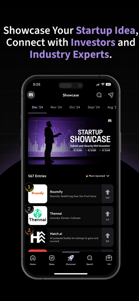 Medial - Startup News and Tech - Medial app screen showing the Startup Showcase where founders present ideas to investors and experts.