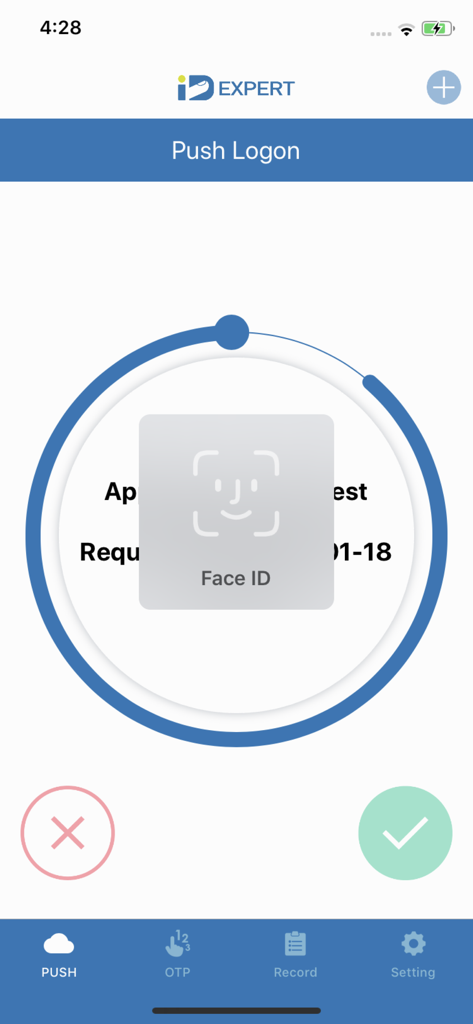 IDExpert mobile app screen for push logon featuring Face ID biometric authentication