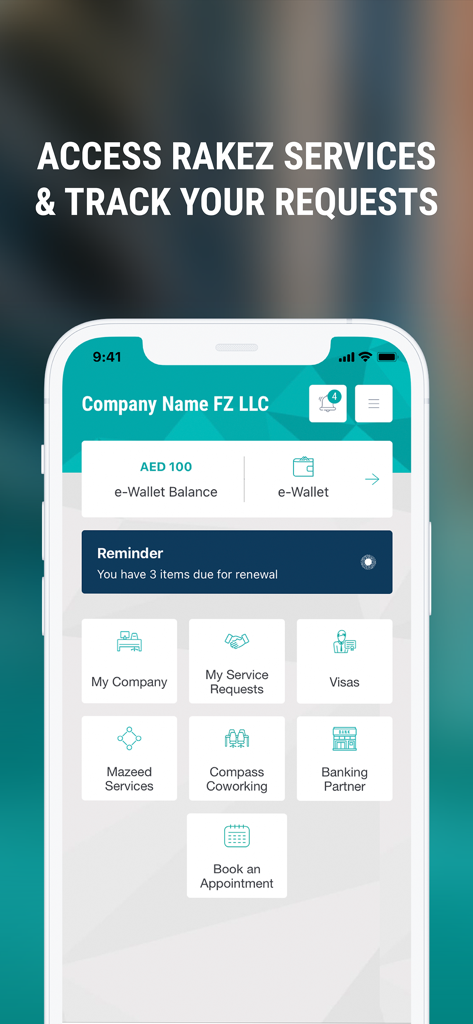 RAKEZ - RAKEZモバイルアプリのダッシュボード。企業サービス、Eウォレット残高、サービスリクエストの追跡が表示されています。