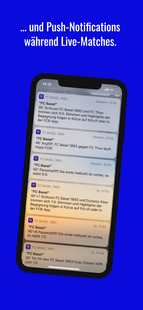 FC Basel 1893 - Smartphone screen displaying multiple push notifications from the FC Basel 1893 app with live match updates and scores.